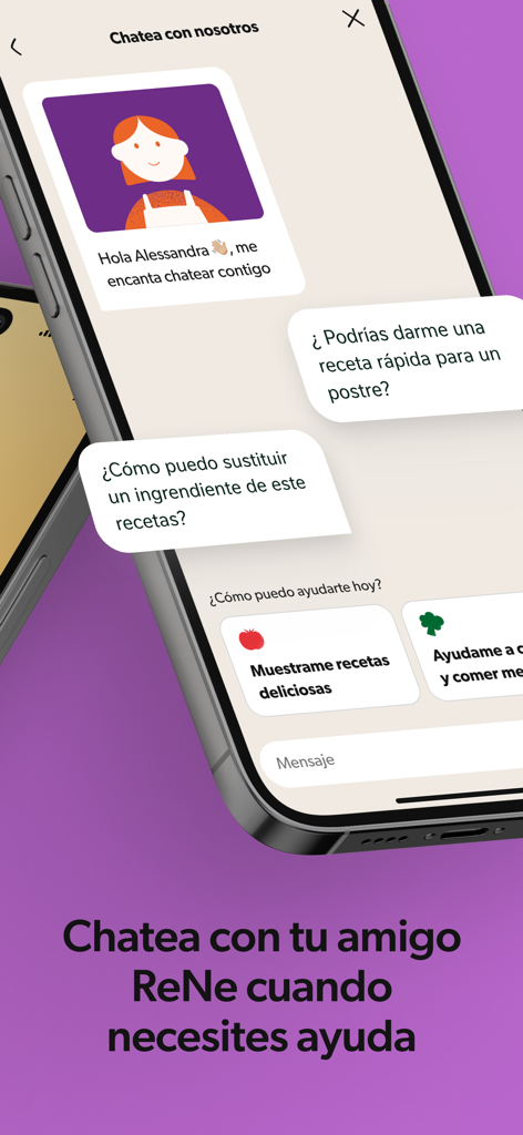 Interfaz de chat con el asistente virtual ReNe de la aplicacion Recetas Nestle Mexico para ayuda culinaria