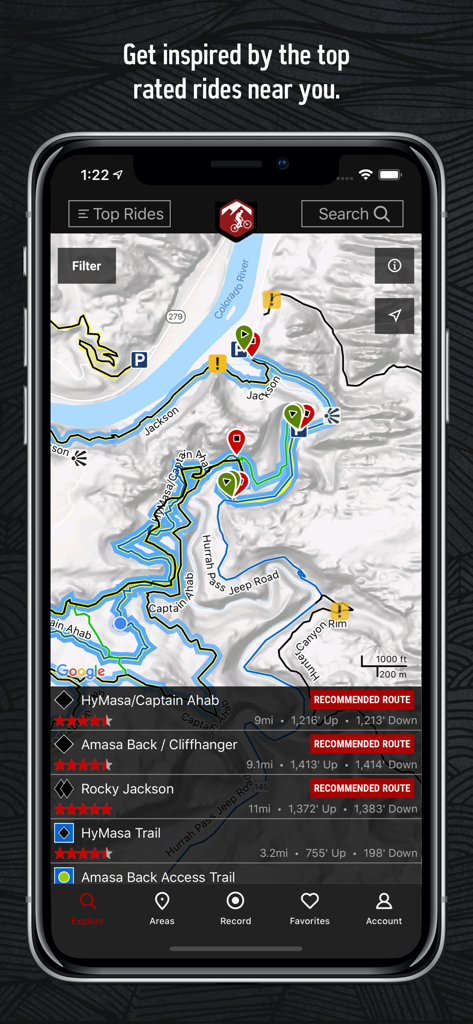 MTB Project - MTB Project app interface showing a topographical mountain bike trail map with recommended routes and elevation details