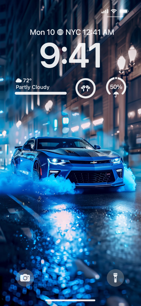 AI-generated 4K wallpaper of a blue sports car with neon smoke on an iPhone lock screen