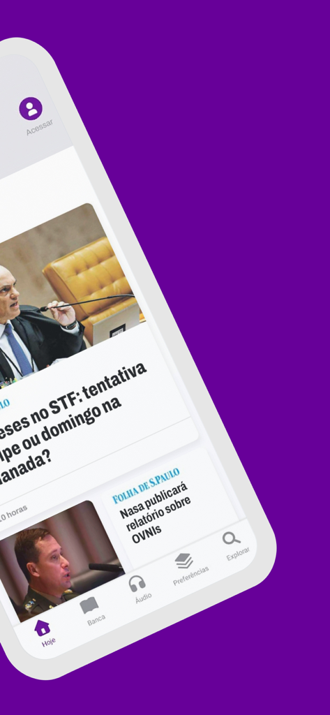 Vivo News - Interface do aplicativo Vivo News exibindo manchetes de notícias e um menu de navegação em português