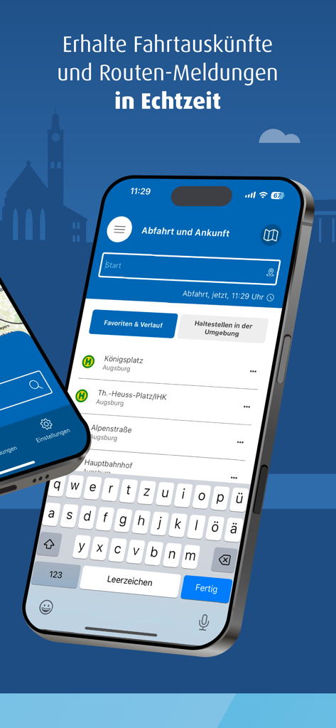 meinAVV - Smartphone screen showing the meinAVV app departure and arrival search for Augsburg transit