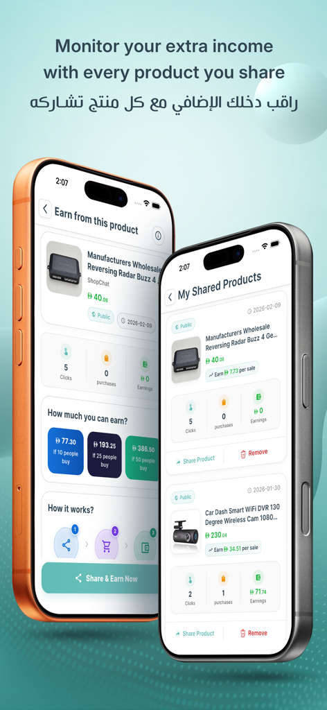ShopChat App - ShopChat app dashboard displaying affiliate earnings and analytics for shared products