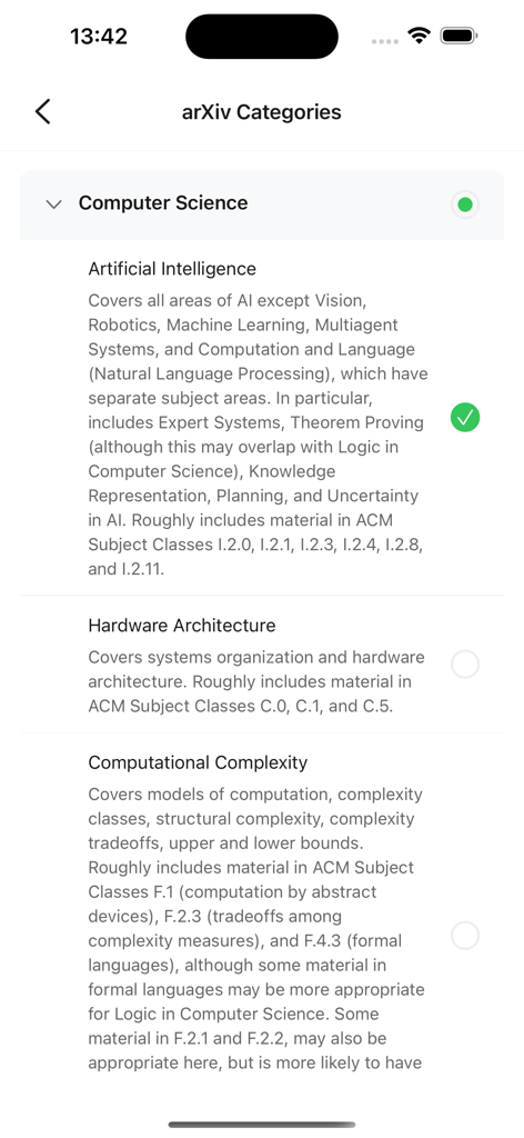 Mobile interface of Paperly AI showing arXiv category selection for research papers including Artificial Intelligence and Computer Science.