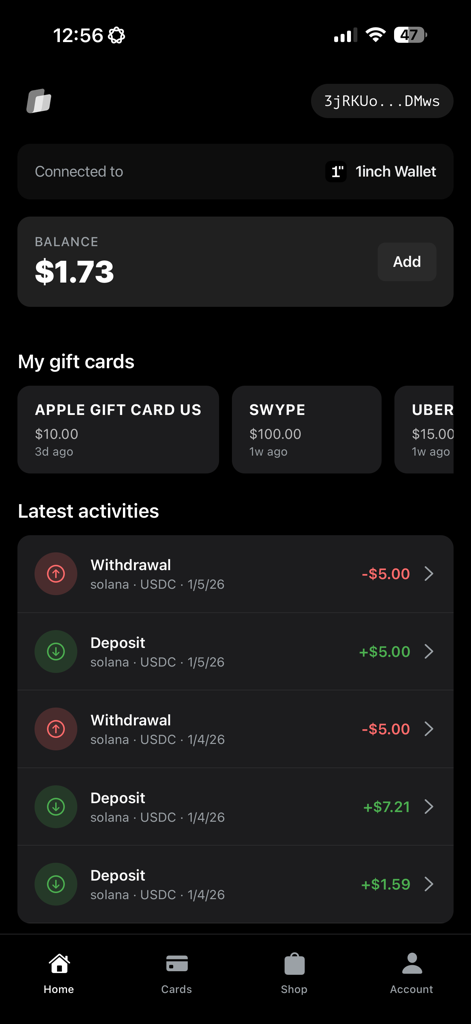 Laso Finance app home screen displaying wallet balance and recent crypto transaction history
