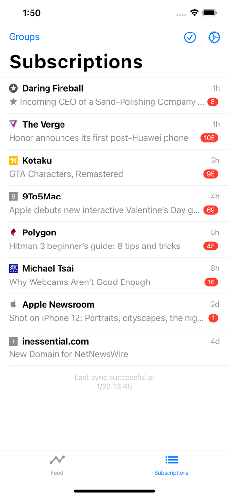 A list of news subscriptions in the Fluent Reader Lite app showing unread article counts for various tech websites.