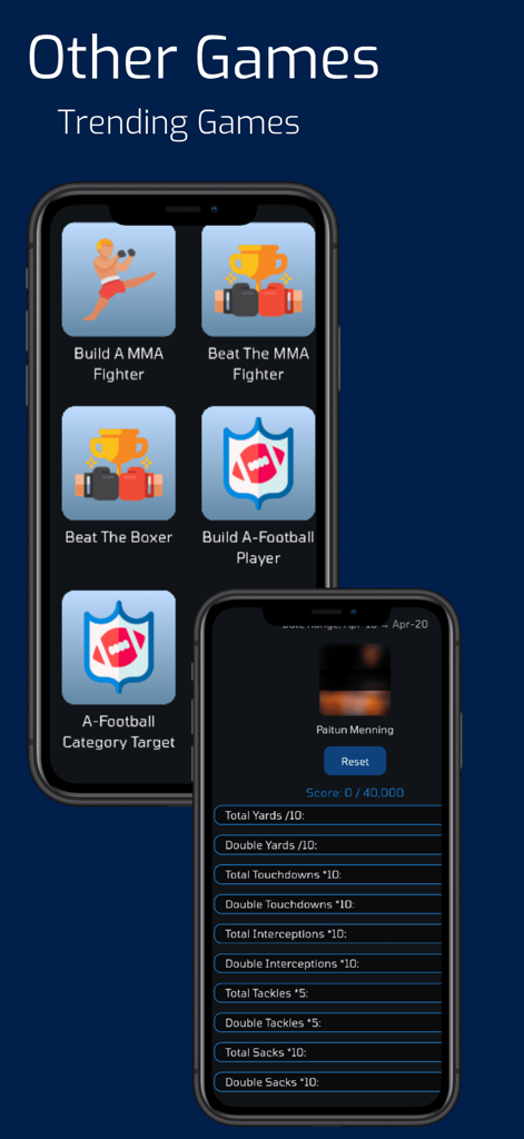Mini-Sports Games - A screenshot of the Mini-Sports Games app displaying a menu of trending mini-games and a football statistics tracker.