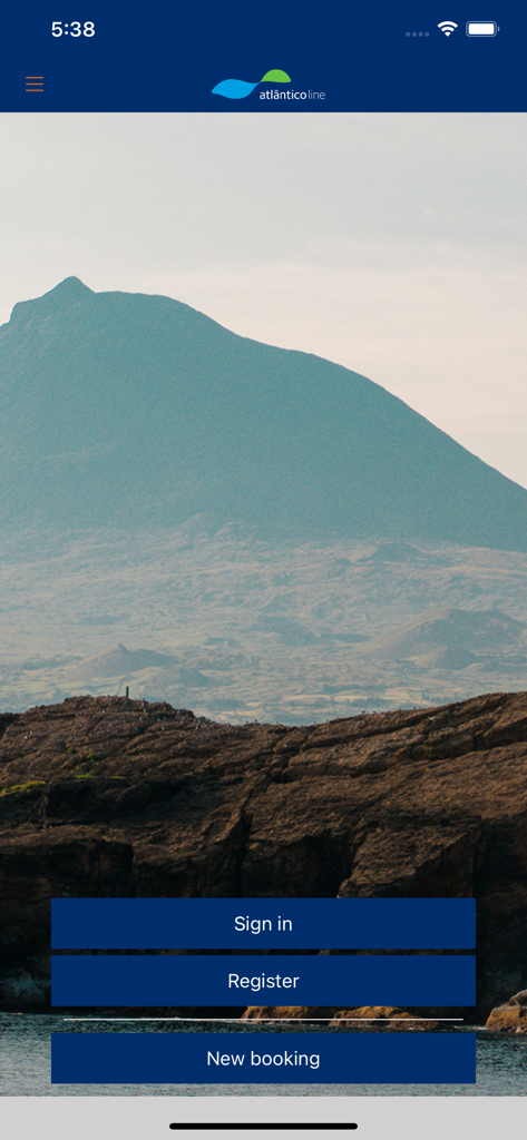 Atlanticoline - Tela inicial do aplicativo Atlanticoline com uma paisagem montanhosa dos Açores e botões de navegação