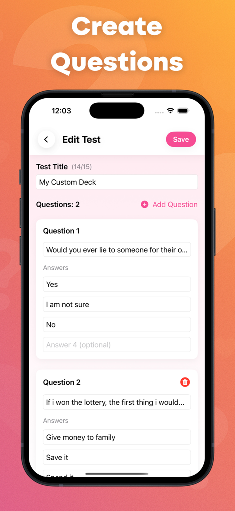 Who Knows Me Better ? - A screen showing the creation of custom quiz questions and multiple choice answers in the app.