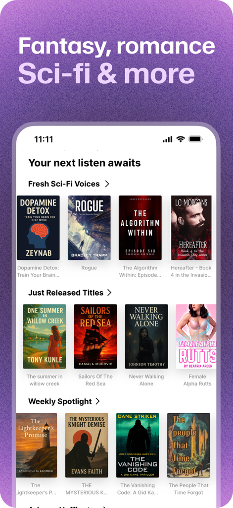 Die ElevenReader Mobile App-Oberfläche zeigt eine Bibliothek von Hörbüchern, kategorisiert nach Genres wie Sci-Fi und Romanze