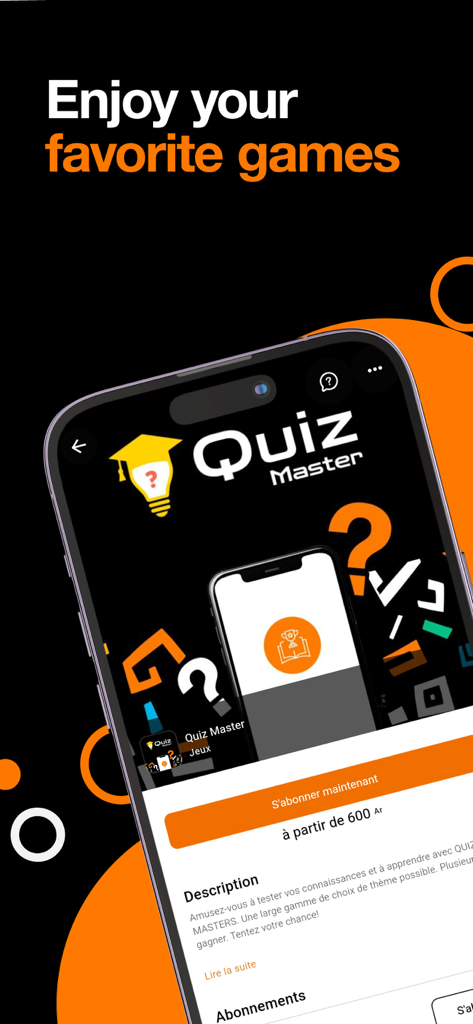 Orange Max it - Madagascar - Une capture d'écran de l'application Orange Max it mettant en évidence la section des jeux avec l'interface du jeu Quiz Master et une option d'abonnement.