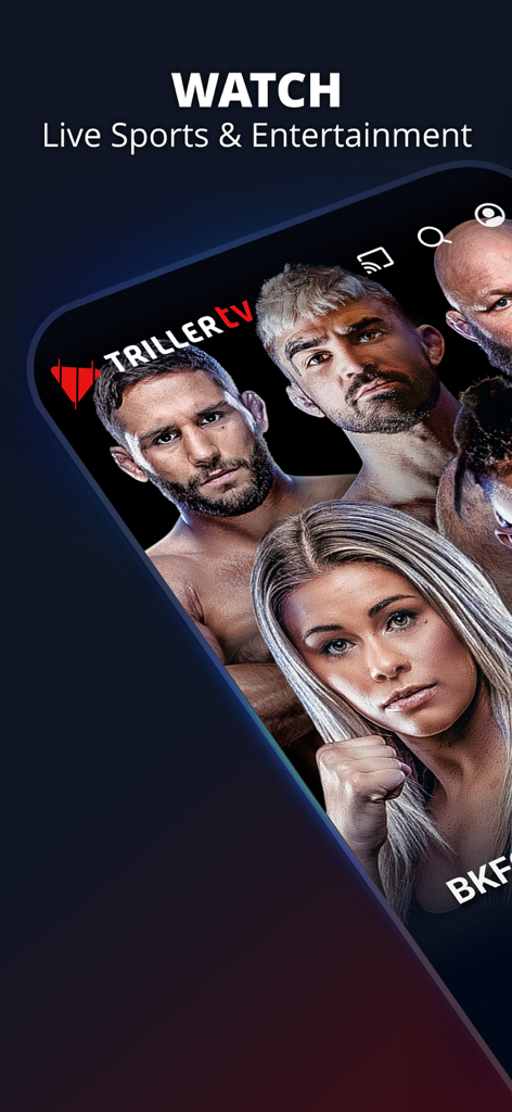 TrillerTV: Live Sports - Interfaccia dell'app TrillerTV che mostra sport da combattimento dal vivo e ritratti dei lottatori BKFC.