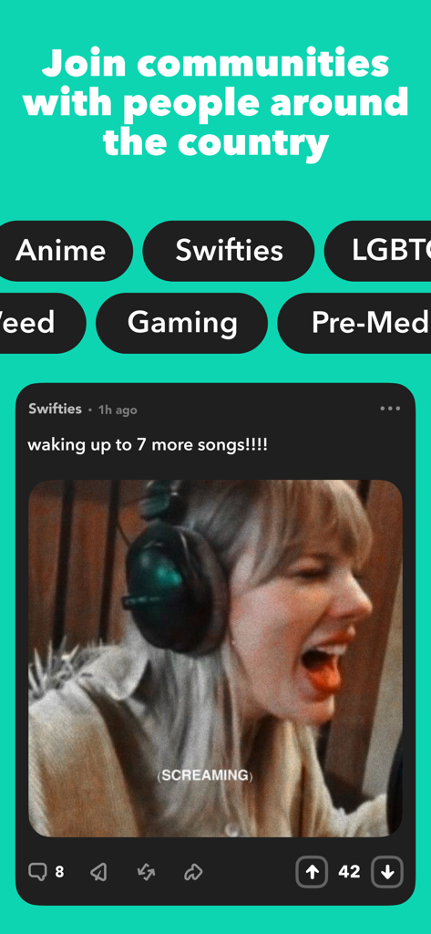 Yik Yak app interface showing different interest communities and an anonymous post in the Swifties group