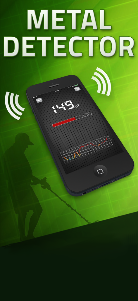 Smartphone screen showing the Metal Detector EMF app interface with numerical data and a real-time graph