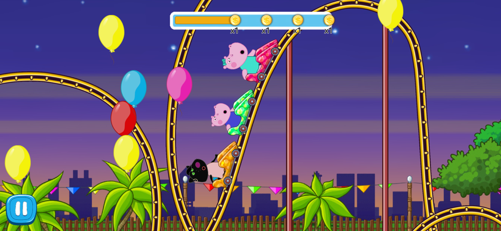 Funny Supermarket game - Hippo characters and a black bear riding a roller coaster at night with colorful balloons and city skyline