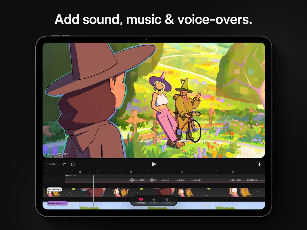 Procreate Dreams - Interfaz de Procreate Dreams mostrando una línea de tiempo multitarea con formas de onda de audio y capas de animación en un iPad.