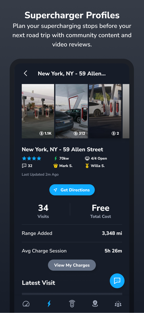 TezLab - For Tesla/Rivian - TezLab app screen displaying a Supercharger profile with community reviews and charging statistics