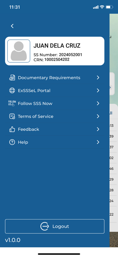 MySSS - Ein Seitenmenü der MySSS-App, das Benutzerprofilinformationen für Juan Dela Cruz anzeigt, einschließlich SS-Nummer und Navigationslinks wie Hilfe und Feedback