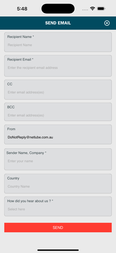 NetLube Caltex New Zealand - A mobile application screen showing a send email form with fields for recipient details and sender information