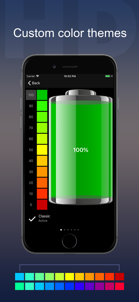 Battery HD+ Pro - Battery HD Pro app interface showing custom color themes for the battery level display
