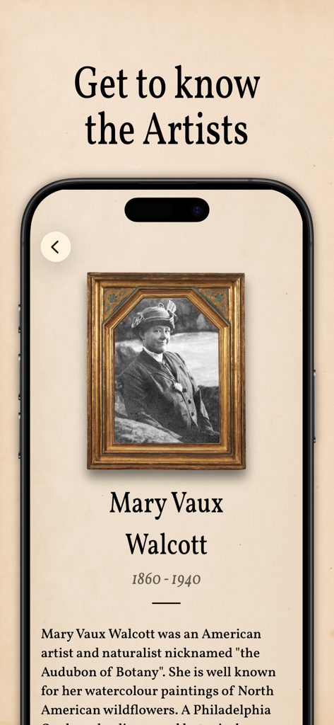 Art of Flora: Cozy Puzzles - Una pantalla de biografía del artista para Mary Vaux Walcott que presenta su retrato en un marco vintage y una descripción de su trabajo como naturalista.