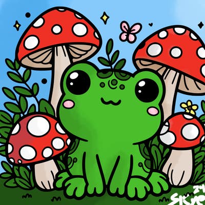 cute frog surrounded by mushrooms