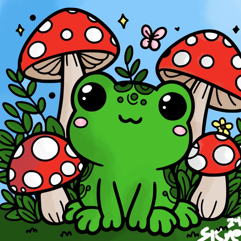 cute frog surrounded by mushrooms