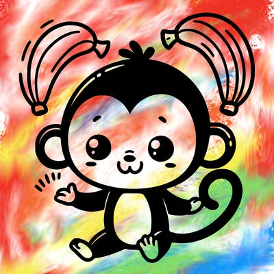 a cute black and white monkey juggling banana, a simple drawing for coloring book