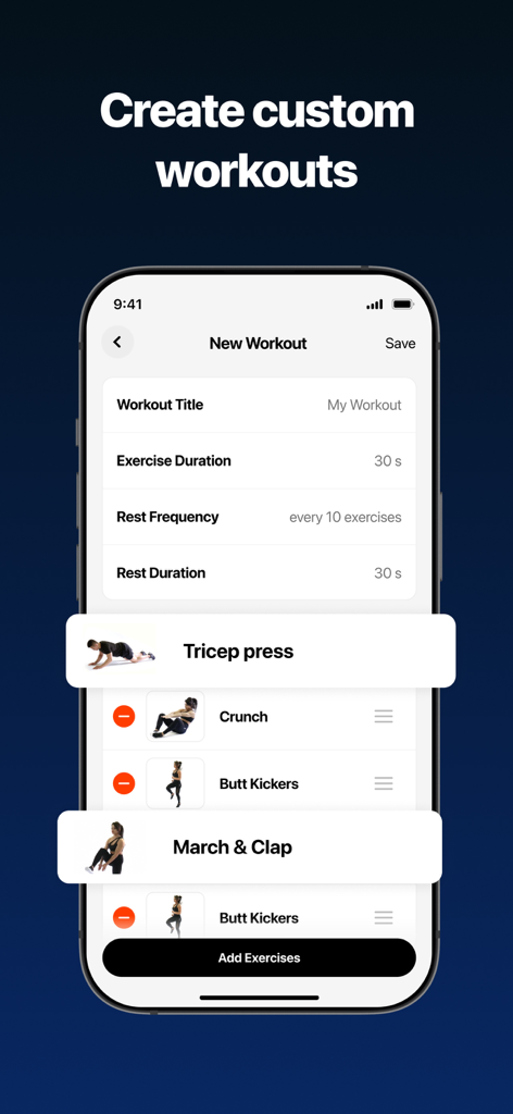 Smartphone screen showing the Fitify app custom workout builder with exercise timing and rest settings