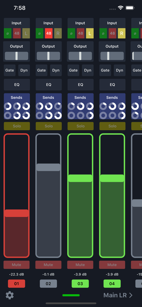 Digital audio mixer interface showing channel faders and sound settings for Behringer X Air