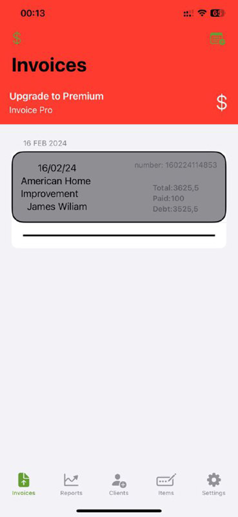 Invoice Pro Maker: PDF Billing - A list of business invoices in the Invoice Pro Maker app showing payment details and client names