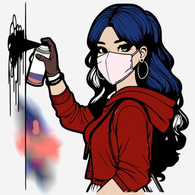 realistic girl with mask spray painting a wall