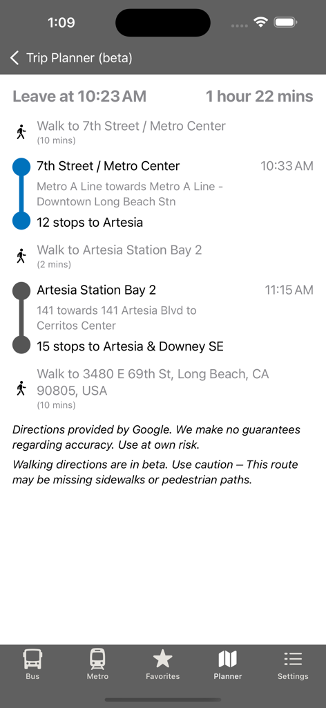 Trip planner interface showing a detailed multi-modal transit route in Los Angeles