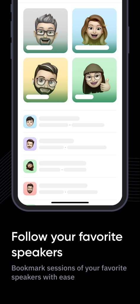 Brella.io - Mobile app interface displaying a list of event speakers with options to follow and bookmark their sessions