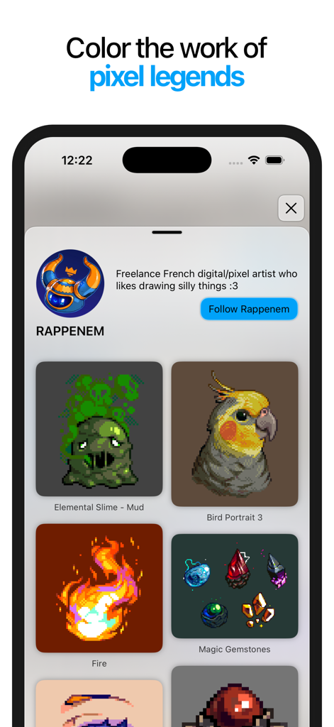 Pixel art gallery and artist profile page in Pixquare app.