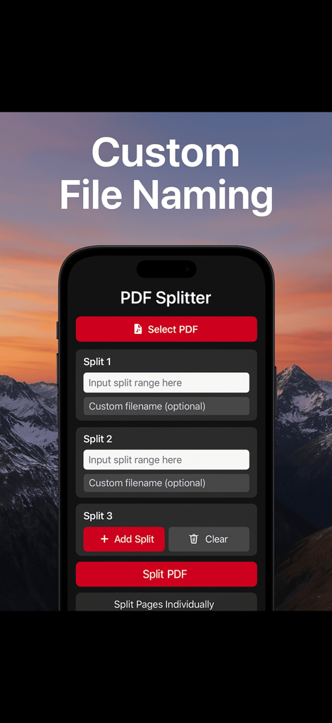 PDF Splitter 2025 - Smartphone screen displaying the custom file naming and page range selection interface of the PDF Splitter 2025 app