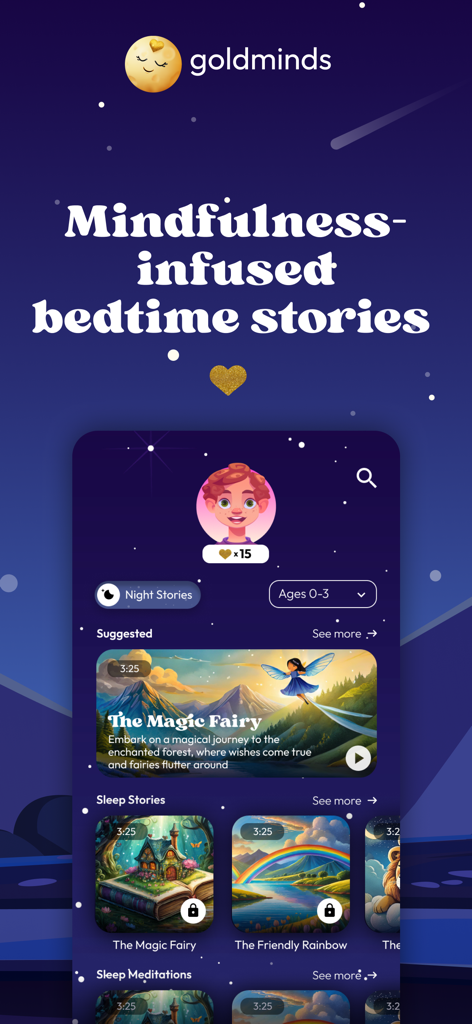 Goldminds: Kids’ Sleep Stories - Goldminds mobile app interface showcasing mindfulness-infused bedtime stories and meditation categories for kids