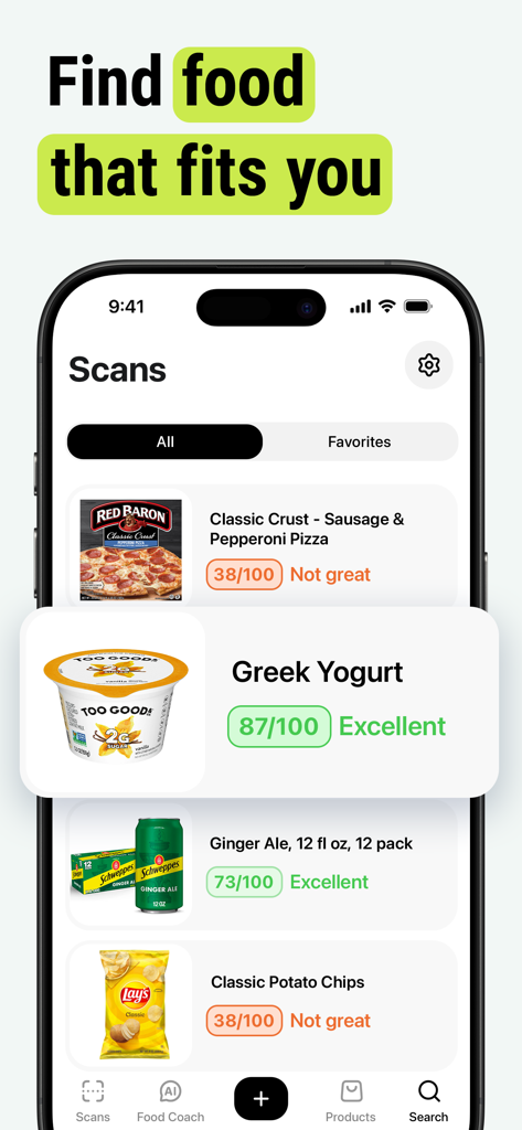 Interface do aplicativo OnFork mostrando pontuações e avaliações nutricionais para produtos alimentícios escaneados