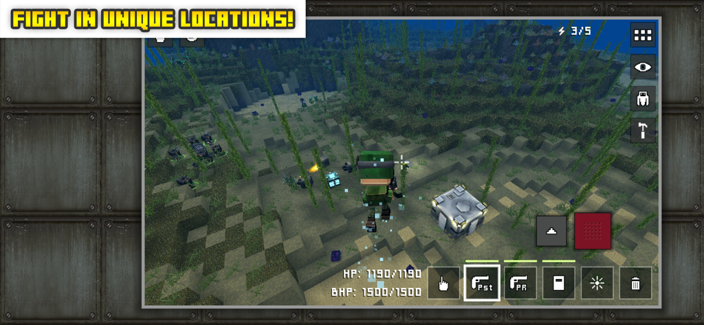 Block Fortress - A character in military gear navigates an underwater voxel environment with seaweed and equipment in Block Fortress.