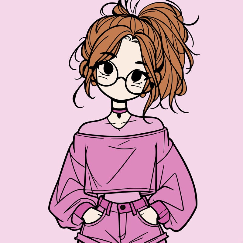 girl with a messy ponytail glasses a baggy crop top and jean shorts