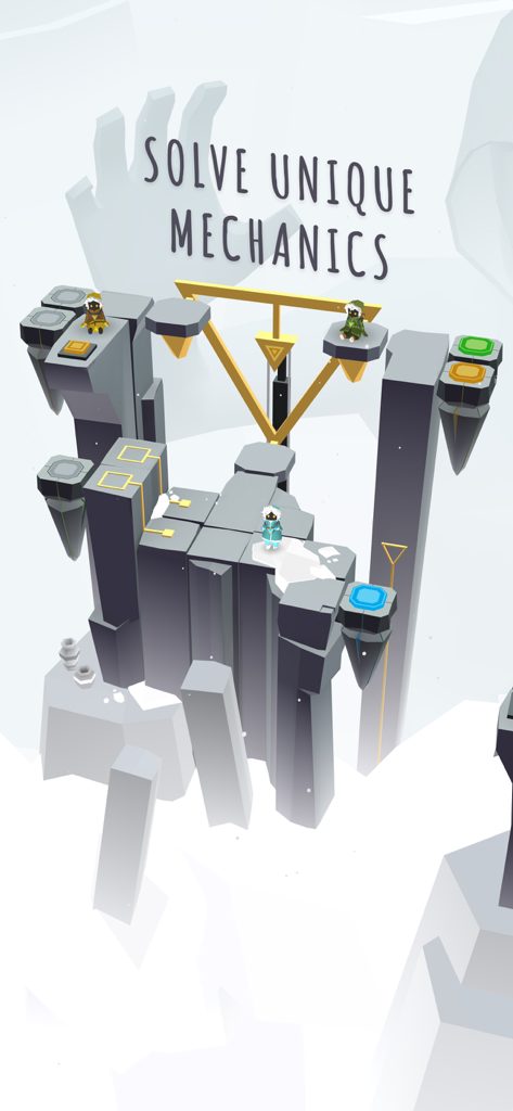 Three explorers on a 3D isometric puzzle platform in the game Path of Giants with the text Solve Unique Mechanics.
