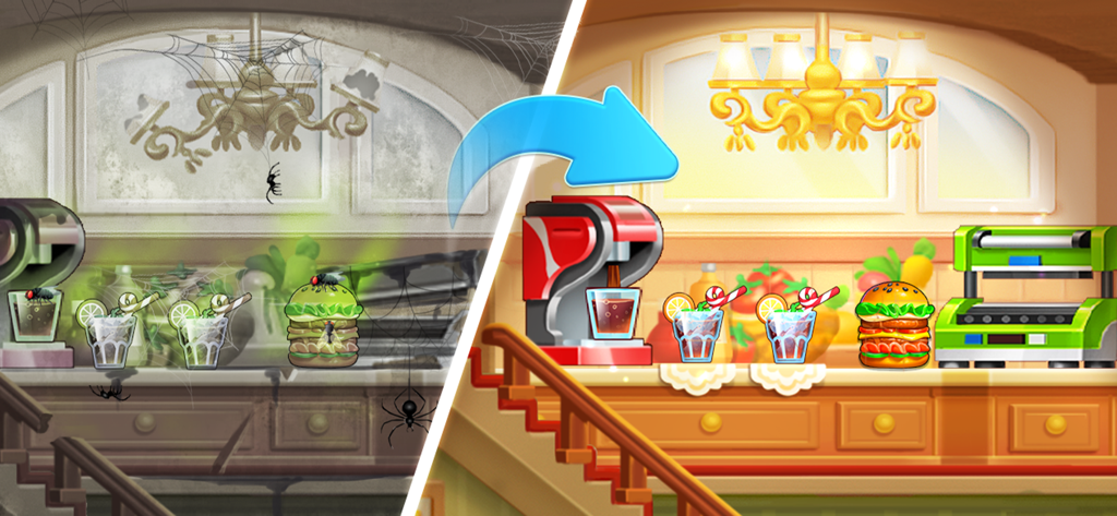 Hotel Fever Tycoon - Una comparación antes y después que muestra una cocina sucia y abandonada transformada en un café de hotel de lujo limpio y luminoso