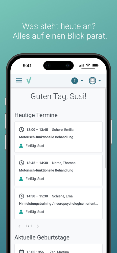thevea - Thevea App Dashboard, das eine Liste der heutigen Therapiesitzungen und Patientendetails anzeigt