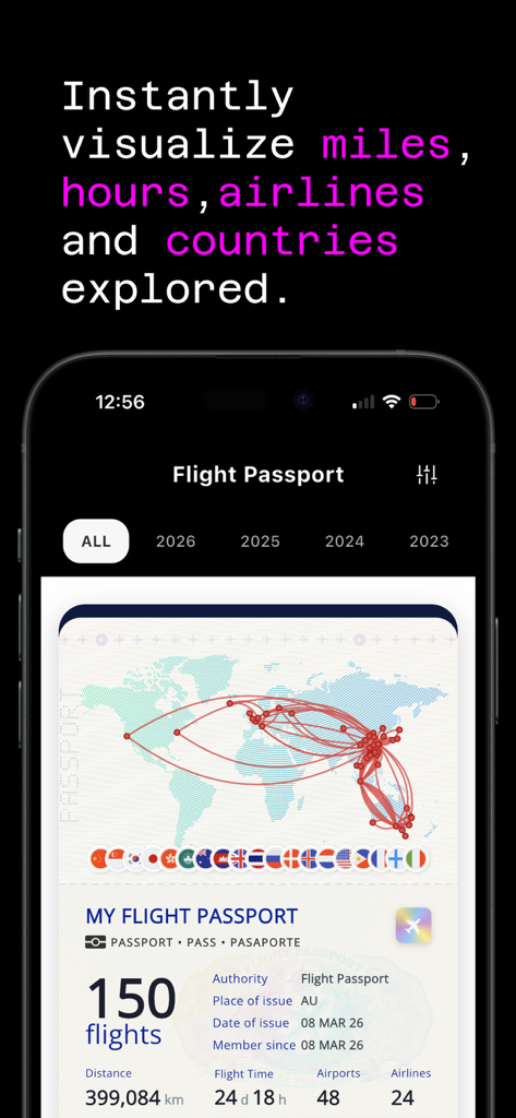 Flight Passport - Mobile app interface of Flight Passport showing a global flight route map and detailed travel statistics including flight count and distance.