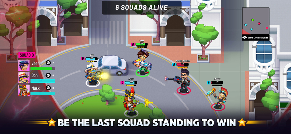 Battle Stars: 4v4 TDM & BR - Heldencharaktere, die an einem Squad-Battle-Royale-Match in Battle Stars teilnehmen.