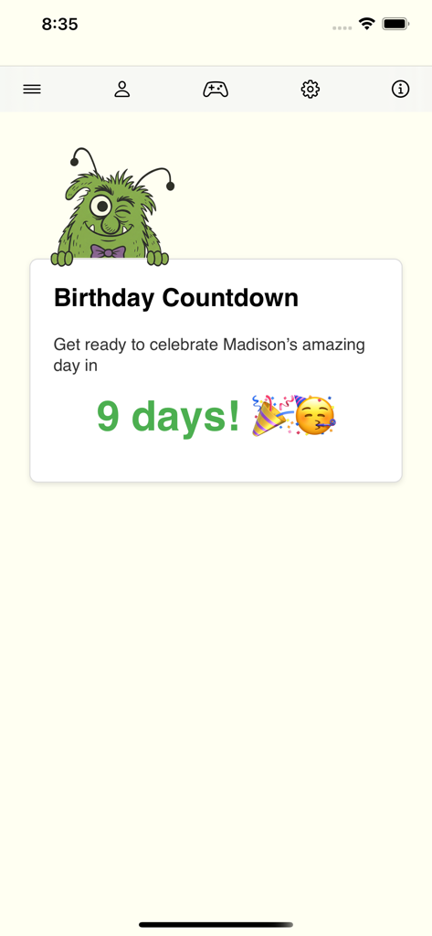 Days until my birthday - Tela de contagem regressiva de aniversário mostrando nove dias restantes até o aniversário de Madison com um personagem monstro verde