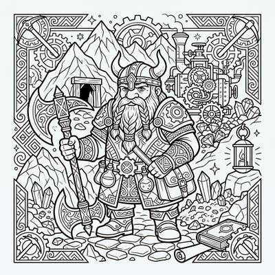 Embark on a grand artistic journey with this detailed coloring page featuring a mighty dwarf warrior. Perfect for teens, this intricate design combines fantasy lore with exciting mining elements for hours of creative fun.