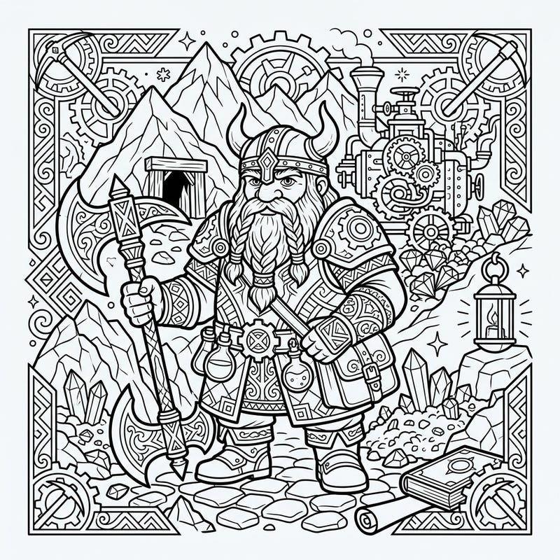 Embark on a grand artistic journey with this detailed coloring page featuring a mighty dwarf warrior. Perfect for teens, this intricate design combines fantasy lore with exciting mining elements for hours of creative fun.