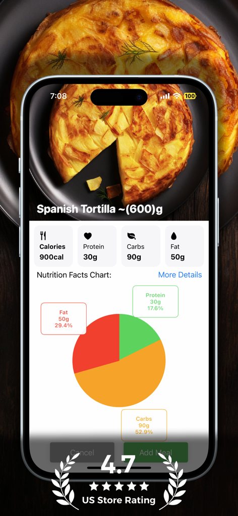 AI Calories Counter - By Photo - App screen showing calorie count and macro distribution for a Spanish Tortilla photo