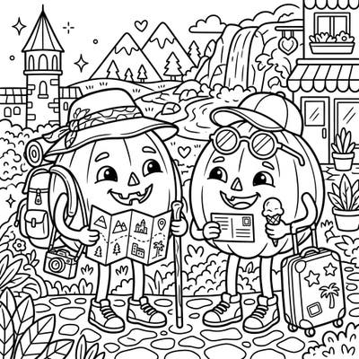 Get ready for a delightful journey with our Giant Pumpkins on Vacation coloring page, perfect for all travel enthusiasts. These adorable pumpkins are exploring exciting new places, packed with charming details to bring to life with your favorite colors.