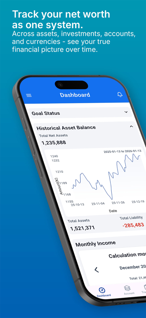 Vision Money:Net Worth & Goals - Vision Money mobile app dashboard displaying a historical asset balance line graph and total net worth summary.